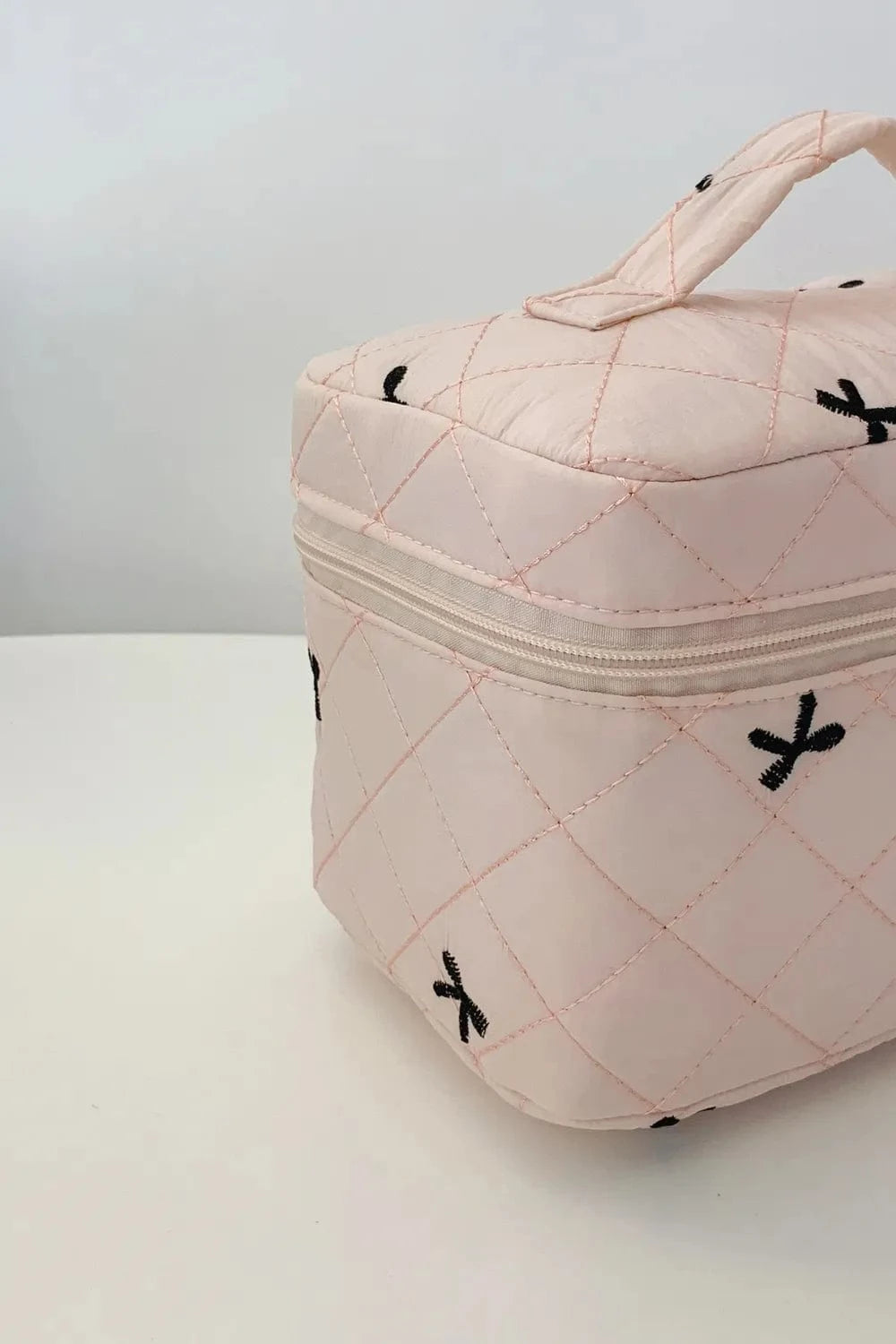 Bow Embroidered Quilted Storage Bag with Zip - Fashorio