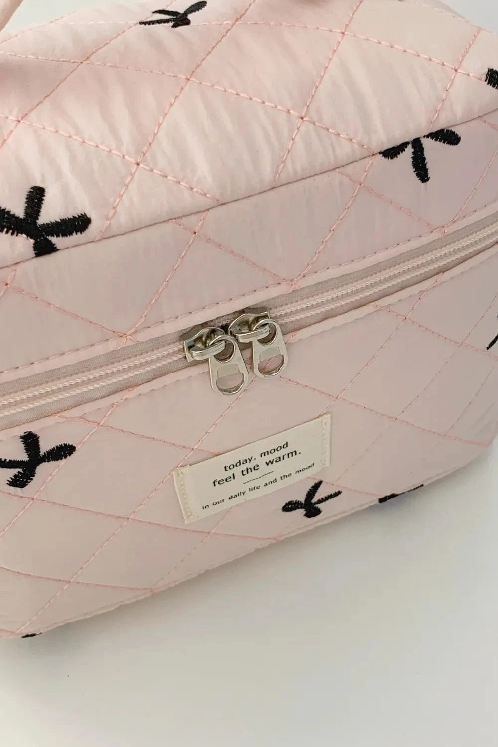 Bow Embroidered Quilted Storage Bag with Zip - Fashorio