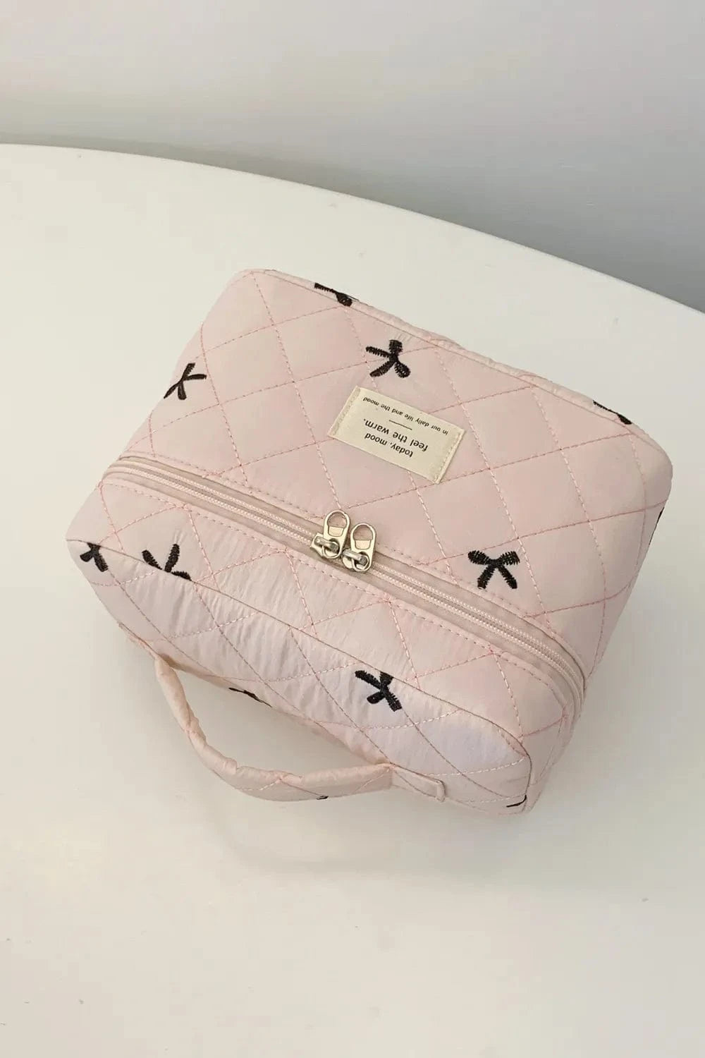 Bow Embroidered Quilted Storage Bag with Zip - Fashorio