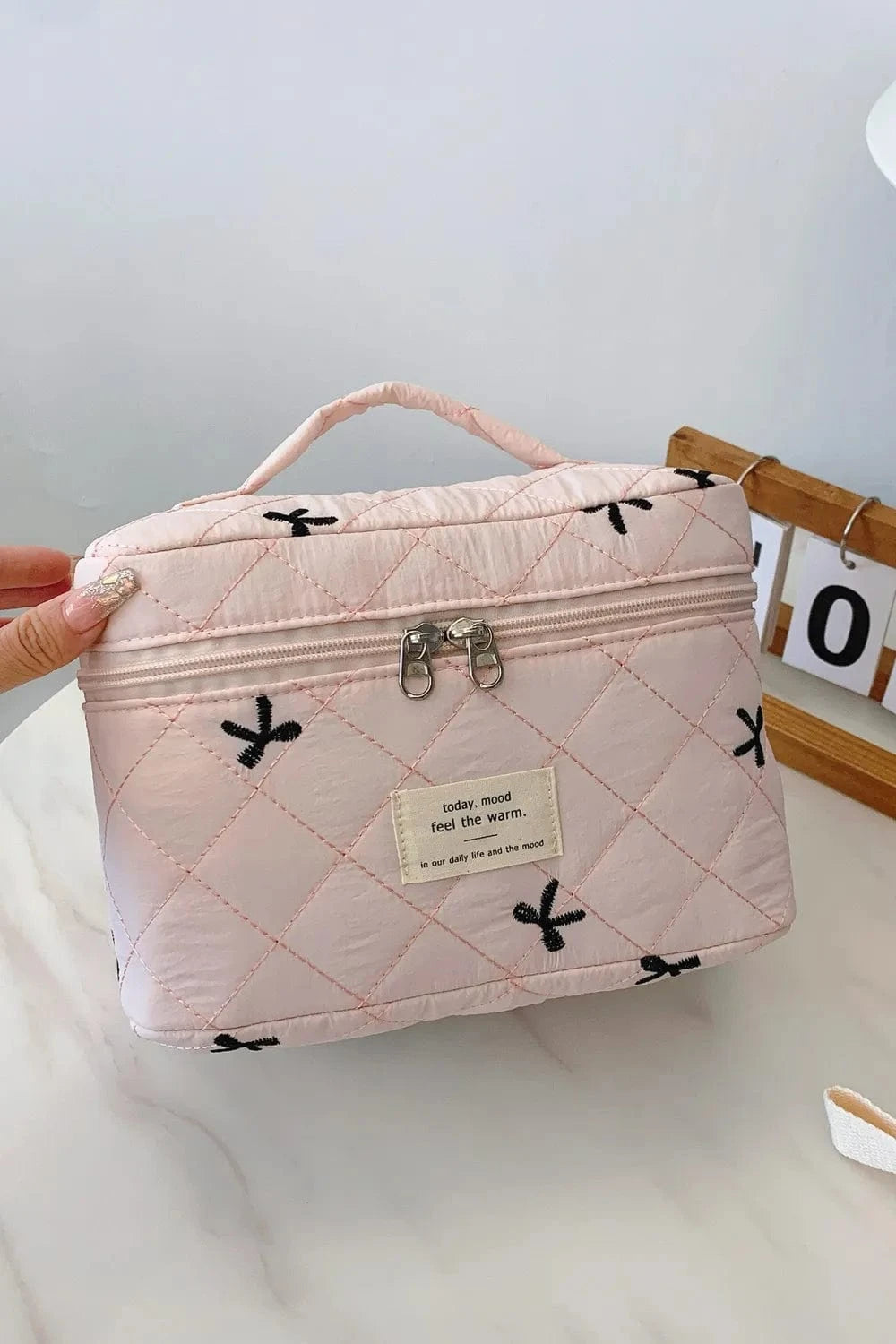 Bow Embroidered Quilted Storage Bag with Zip - Fashorio