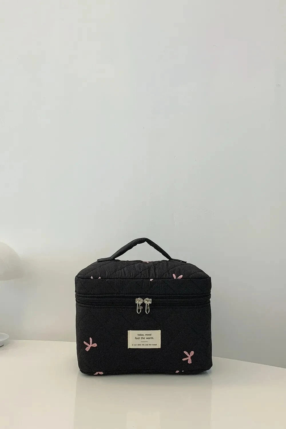 Bow Embroidered Quilted Storage Bag with Zip - Fashorio