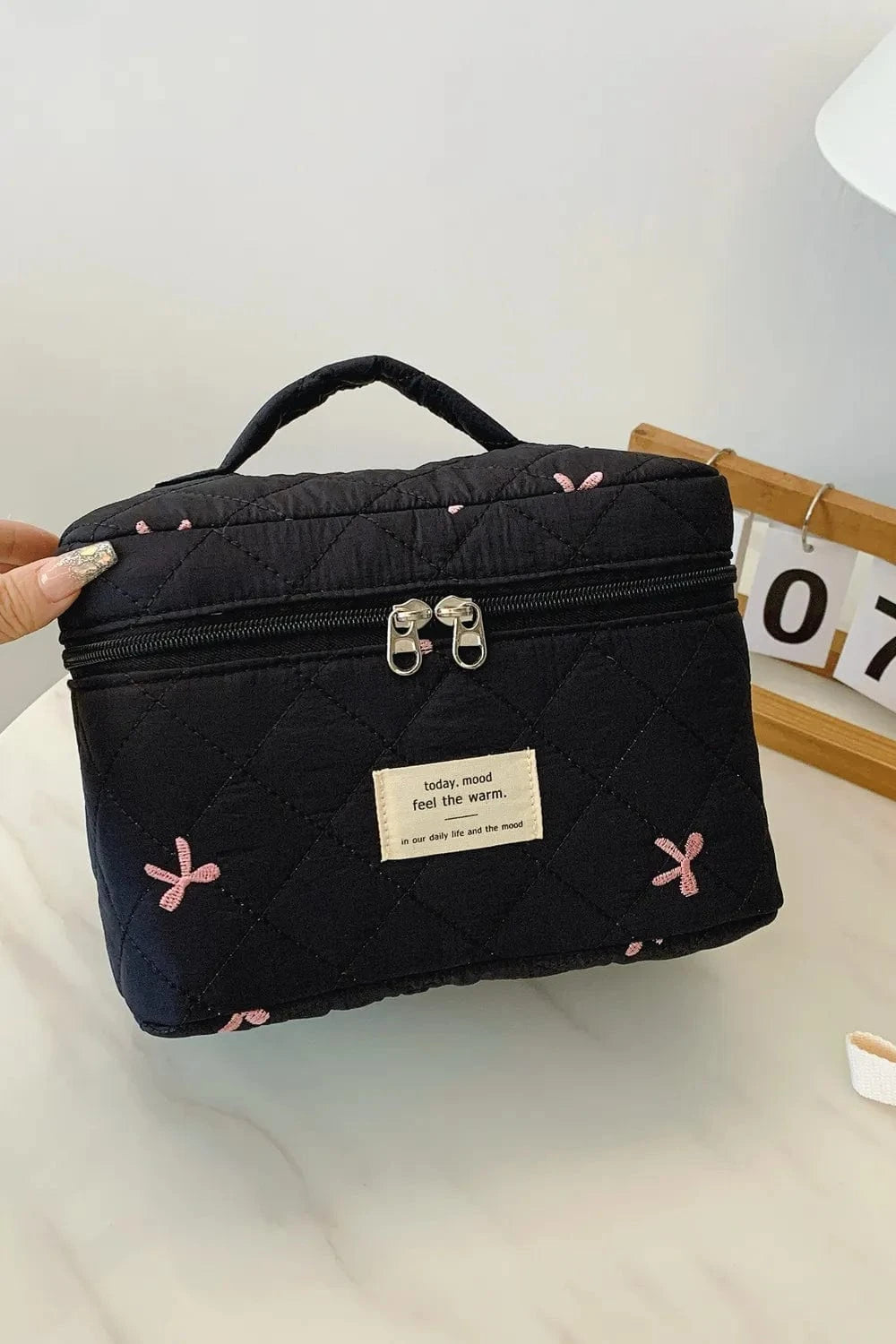 Bow Embroidered Quilted Storage Bag with Zip - Fashorio