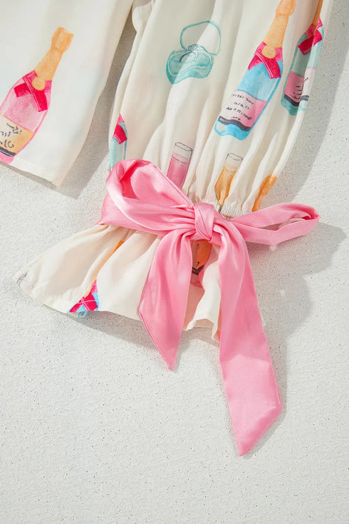 Fashorio Bow Printed Collared Neck Top and Drawstring Shorts Lounge Set