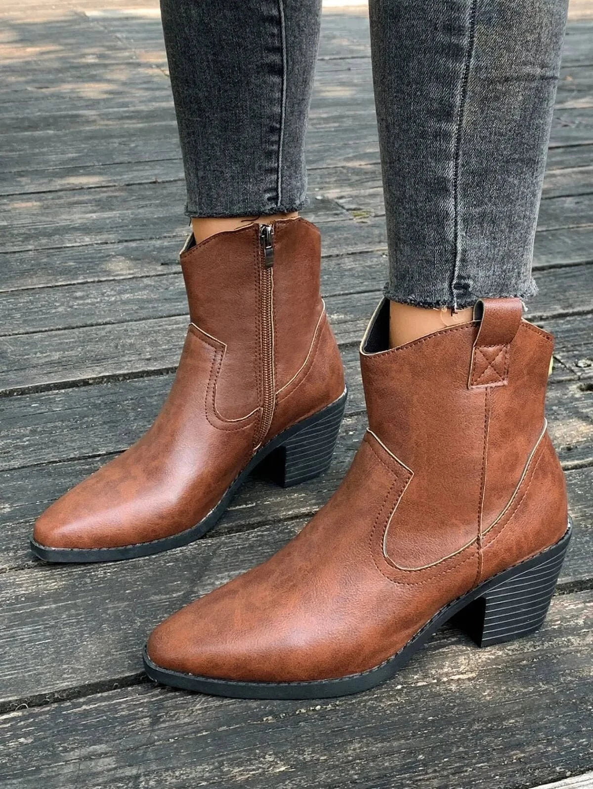 Point Toe Block Heels Boots Brown - Fashorio