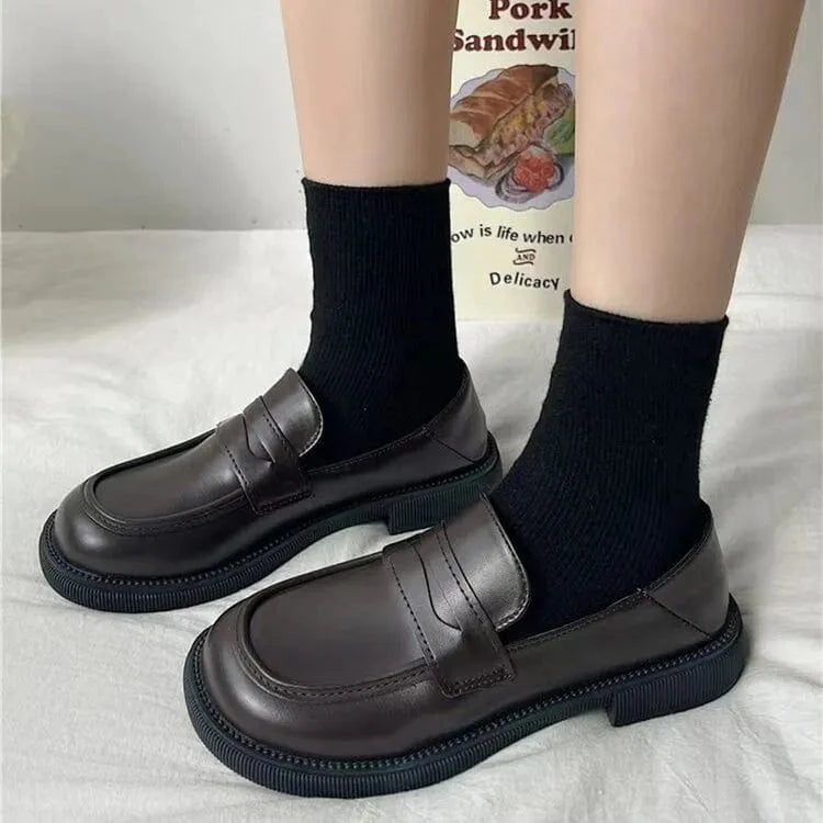 Round Toe Leather Loafers Brown - Fashorio
