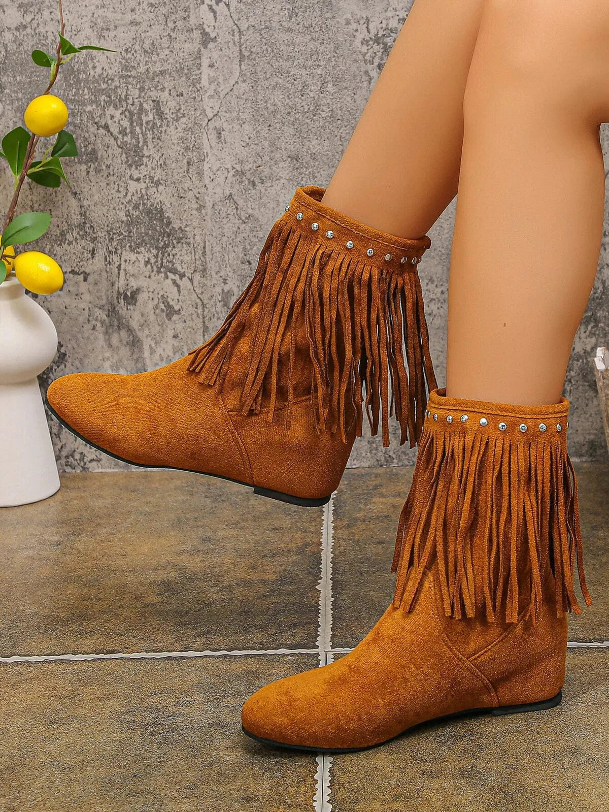 Fringe Boots with Studded Details Brown - Fashorio