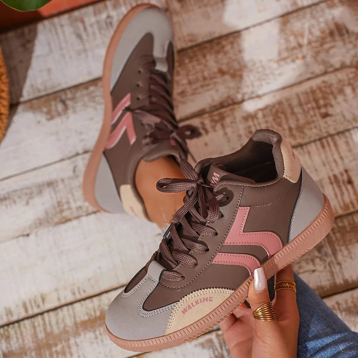Round Toe Lace Up Sneakers Brown - Fashorio