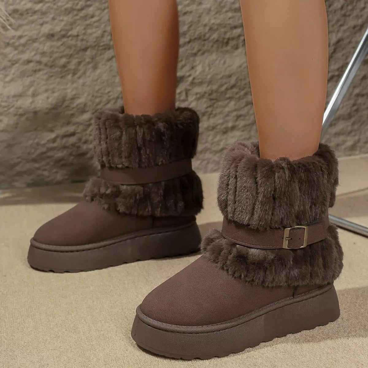 Round Toe Platform Boots Brown - Fashorio