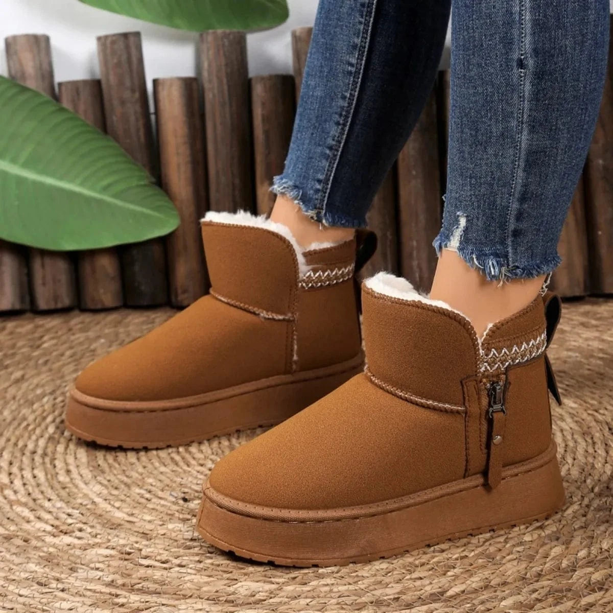 Suede Ankle Boots with Decorative Strap Brown - Fashorio