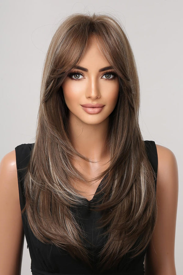 13*1" Full-Machine Wigs Synthetic Long Straight 22" Brown Blonde Highlights One Size - Fashorio