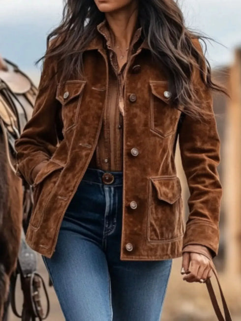 Fashorio Brown / S Full Size Button-Down Long Sleeve Jacket Plus Size