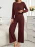 Fashorio Brown / S Ribbed Round Neck Long Sleeve Top and Pants Lounge Set