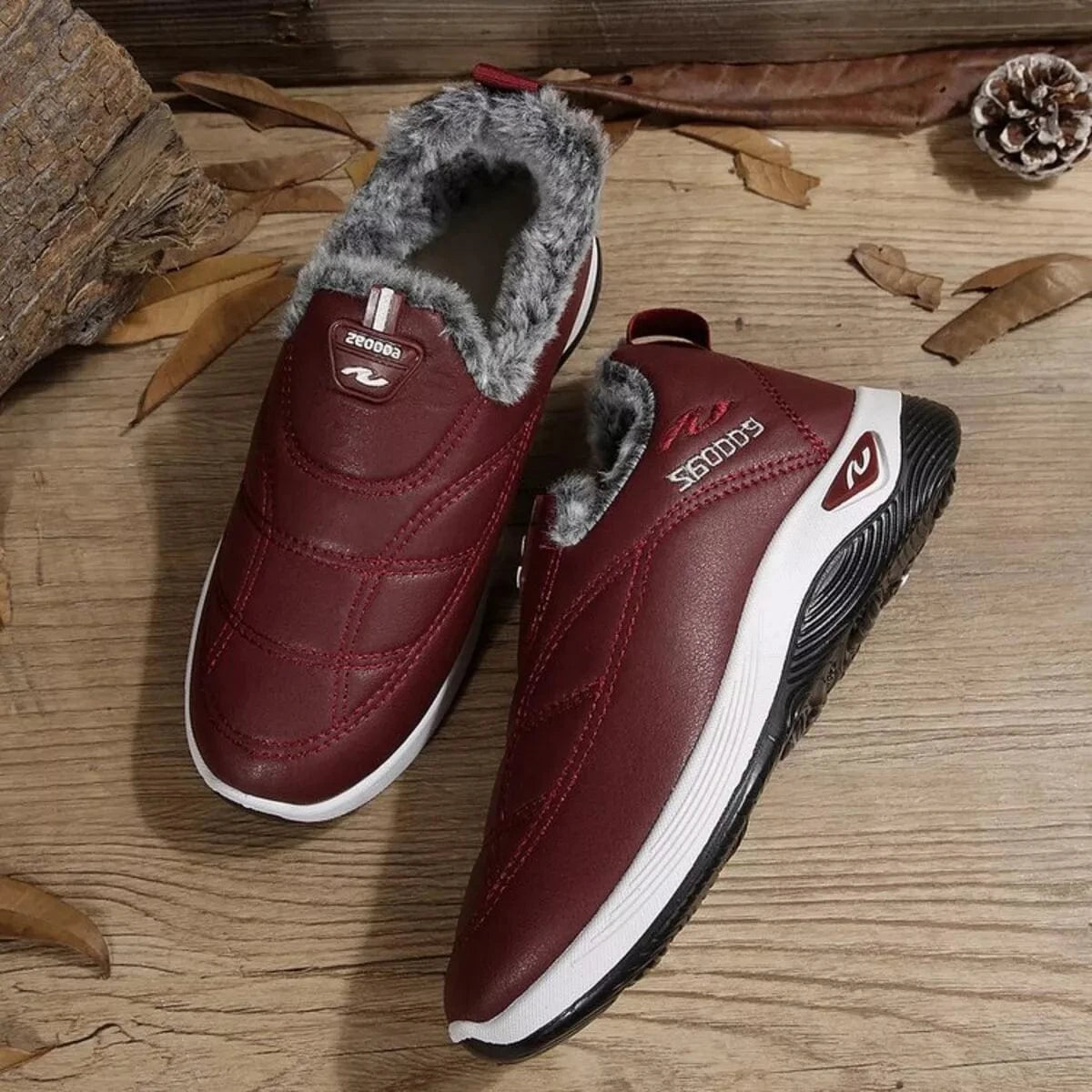Plush Round Toe Platform Shoes Burgundy - Fashorio