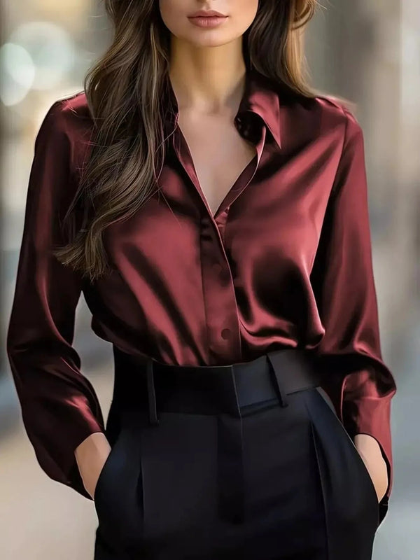 Button Down Collared Neck Long Sleeve Shirt Burgundy - Fashorio