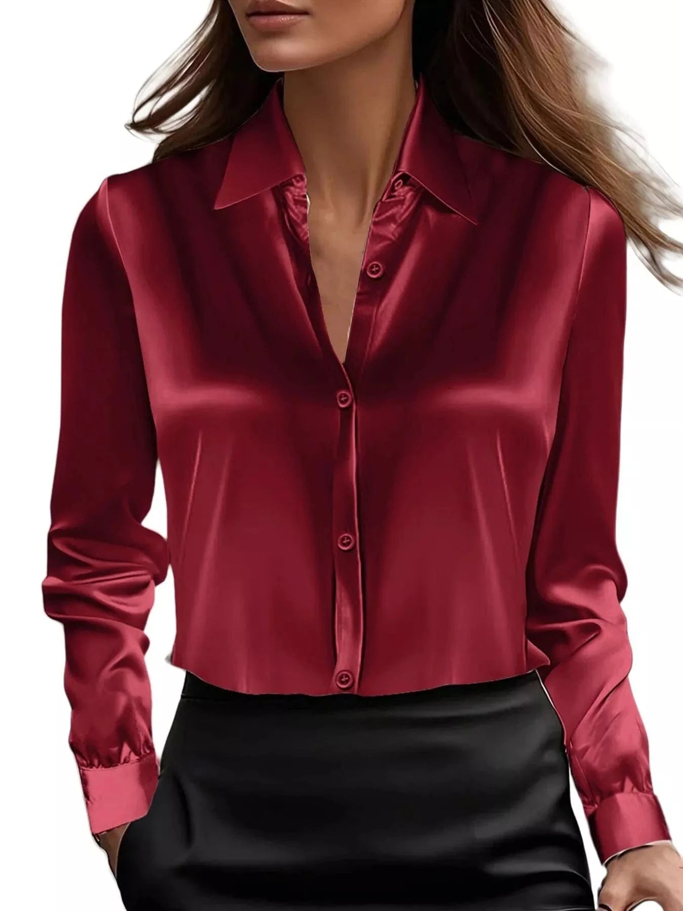 Full Size Button Down Collared Neck Long Sleeve Shirt Plus Size Burgundy - Fashorio