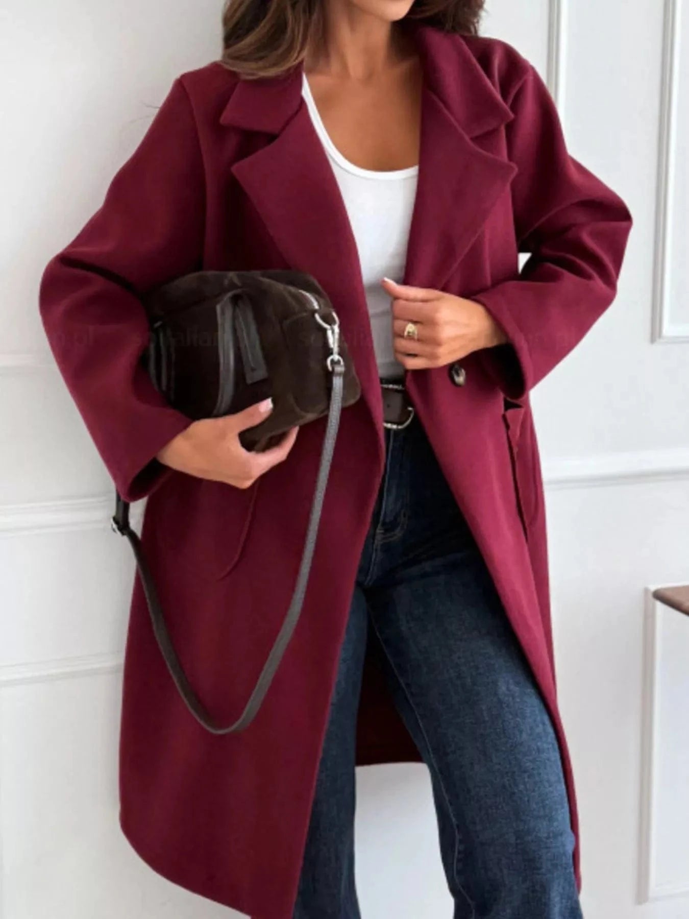 Long-Sleeve Single-Breasted Trench Coat Burgundy - Fashorio