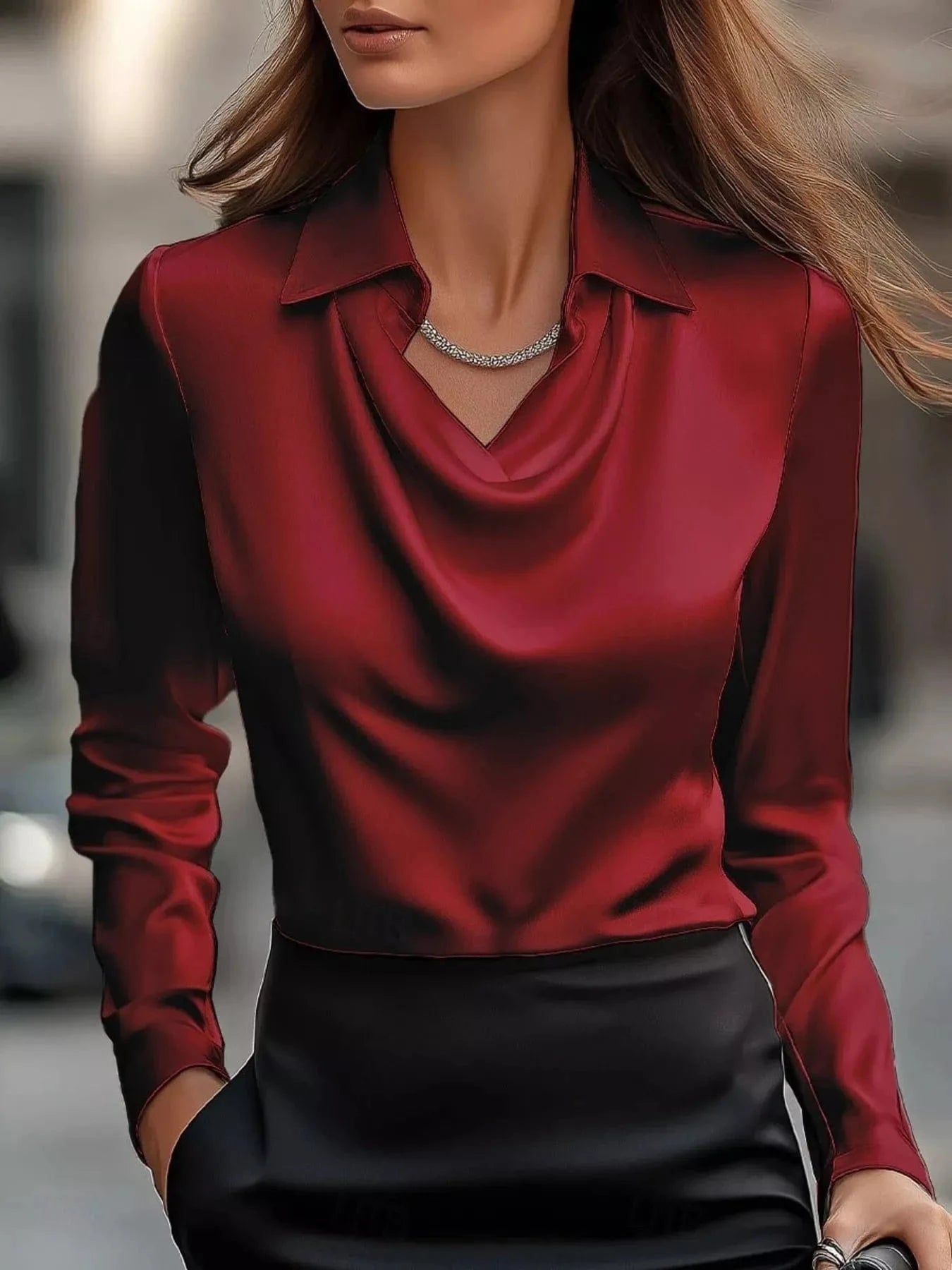 Ruched Long Sleeve Drape Collar Blouse Burgundy - Fashorio