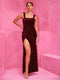 Fashorio Burgundy / XS Slit Sequin Square Neck Wide Strap Dress