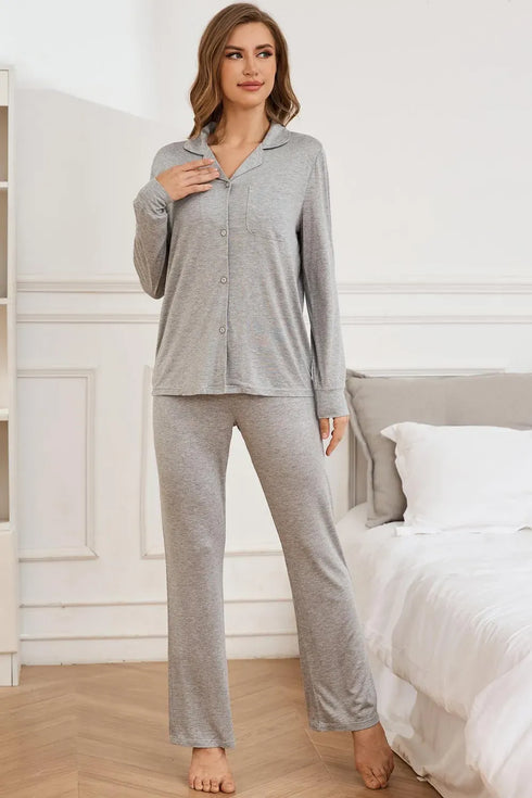 Fashorio Button Up Long Sleeve Top and Pants Lounge Set