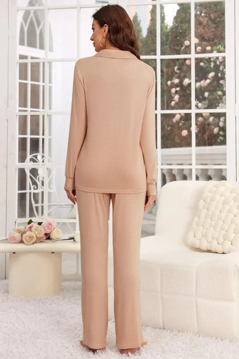 Fashorio Button Up Long Sleeve Top and Pants Lounge Set