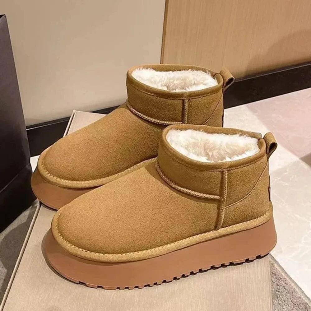 Fleece Lined Chunky Platform Mini Boots Camel - Fashorio