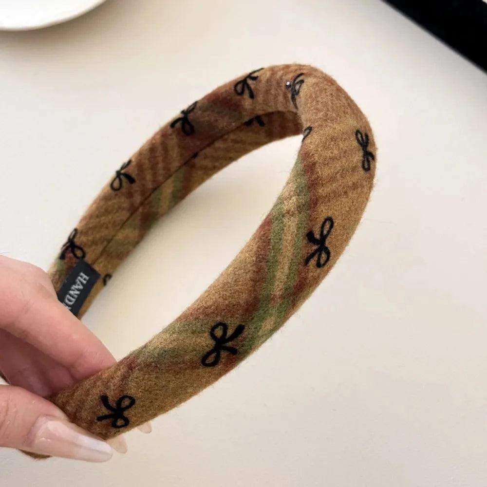Bow Plaid Polyester Hair Headband Camel One Size - Fashorio