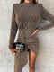 Fashorio Camel / S Heathered Mock Neck Long Sleeve Mini Dress