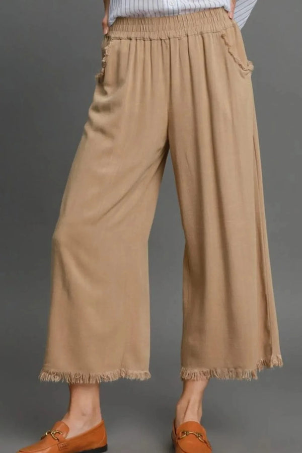 Umgee Full Size Linen Blend Elastic Waistband Wide Leg Pants Plus Size Camel - Fashorio