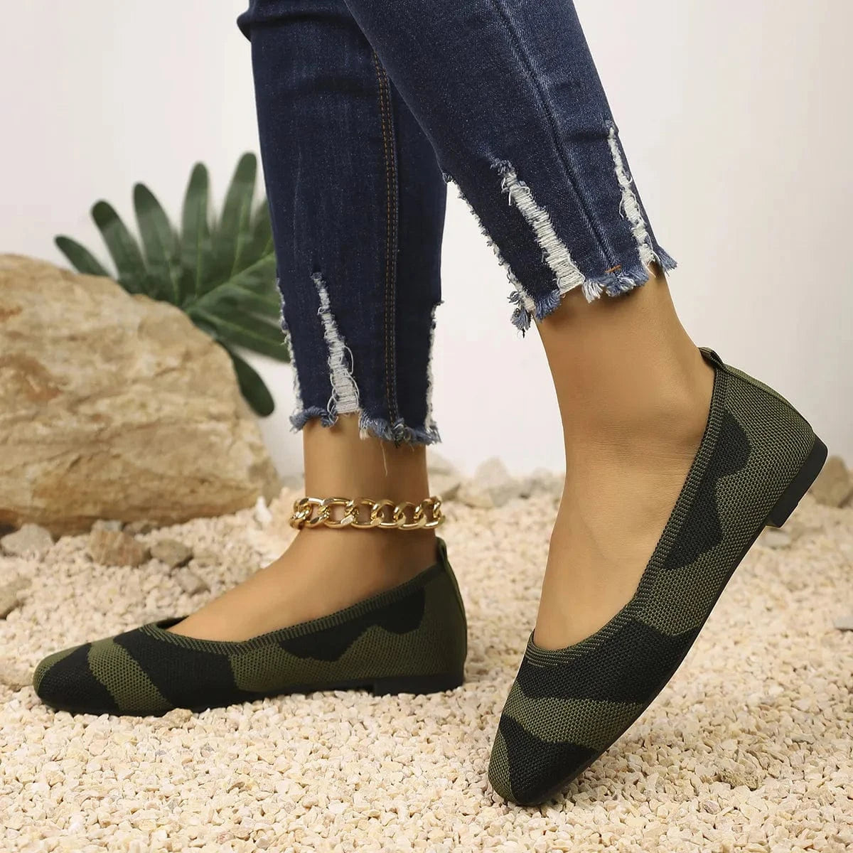 Camouflage Mesh Knit Flat Loafers - Fashorio