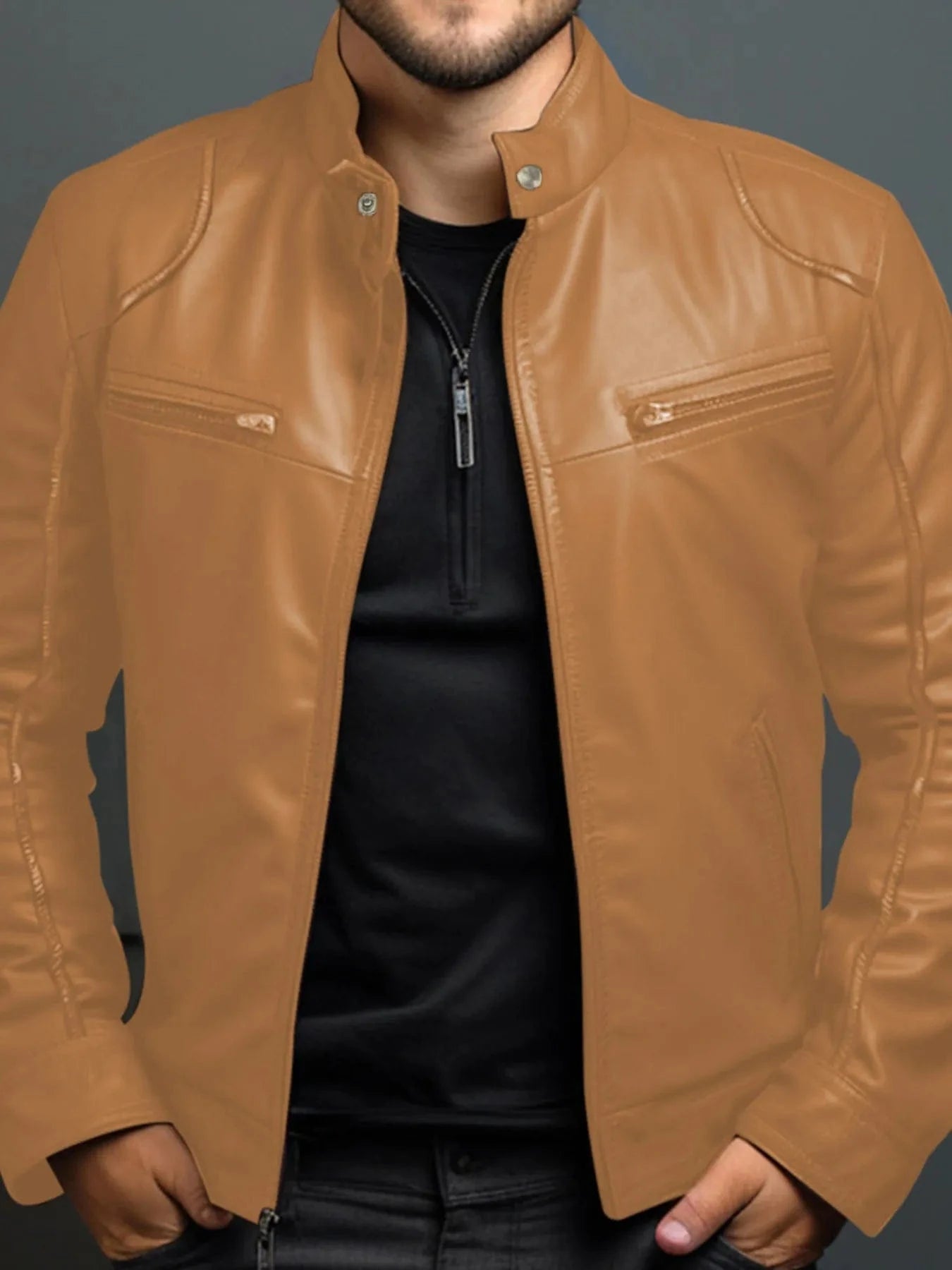 Men's Full Size Leather Motorcycle Jacket with Zipper Front Plus Size Caramel - Fashorio