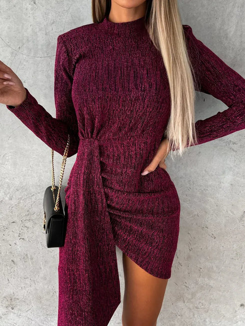 Fashorio Cerise / S Heathered Mock Neck Long Sleeve Mini Dress
