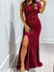 Fashorio Cerise / S Sequin One-Shoulder Dress with High Slit