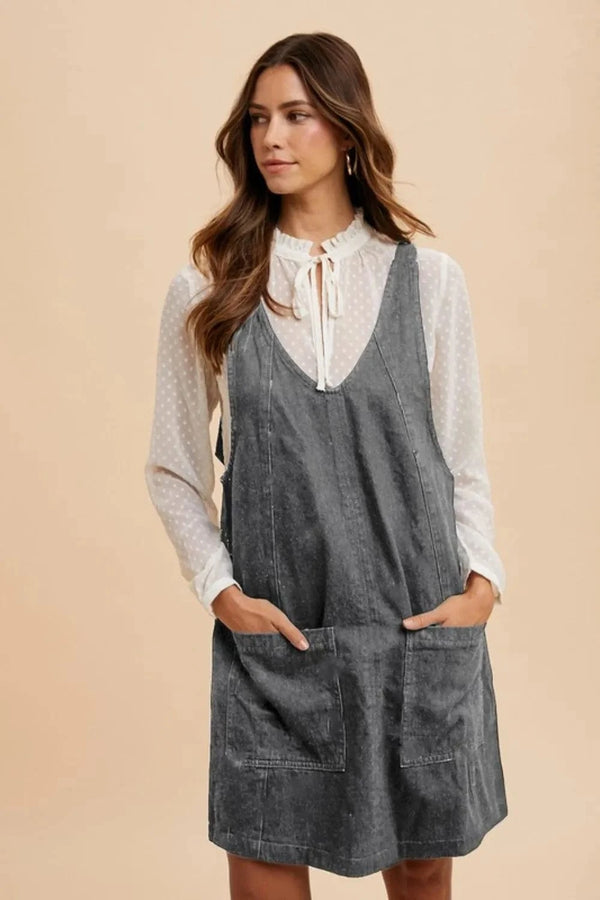 Annie Wear V-Neck Adjustable Strap Denim Overall Dress with Pockets Charcoal - Fashorio