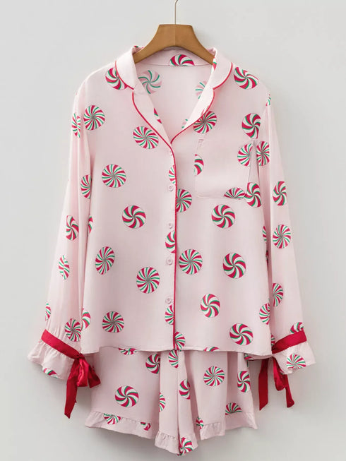 Fashorio Christmas Candy Contrast Trim Bow Knot Top and Shorts 2pcs Pajama Set