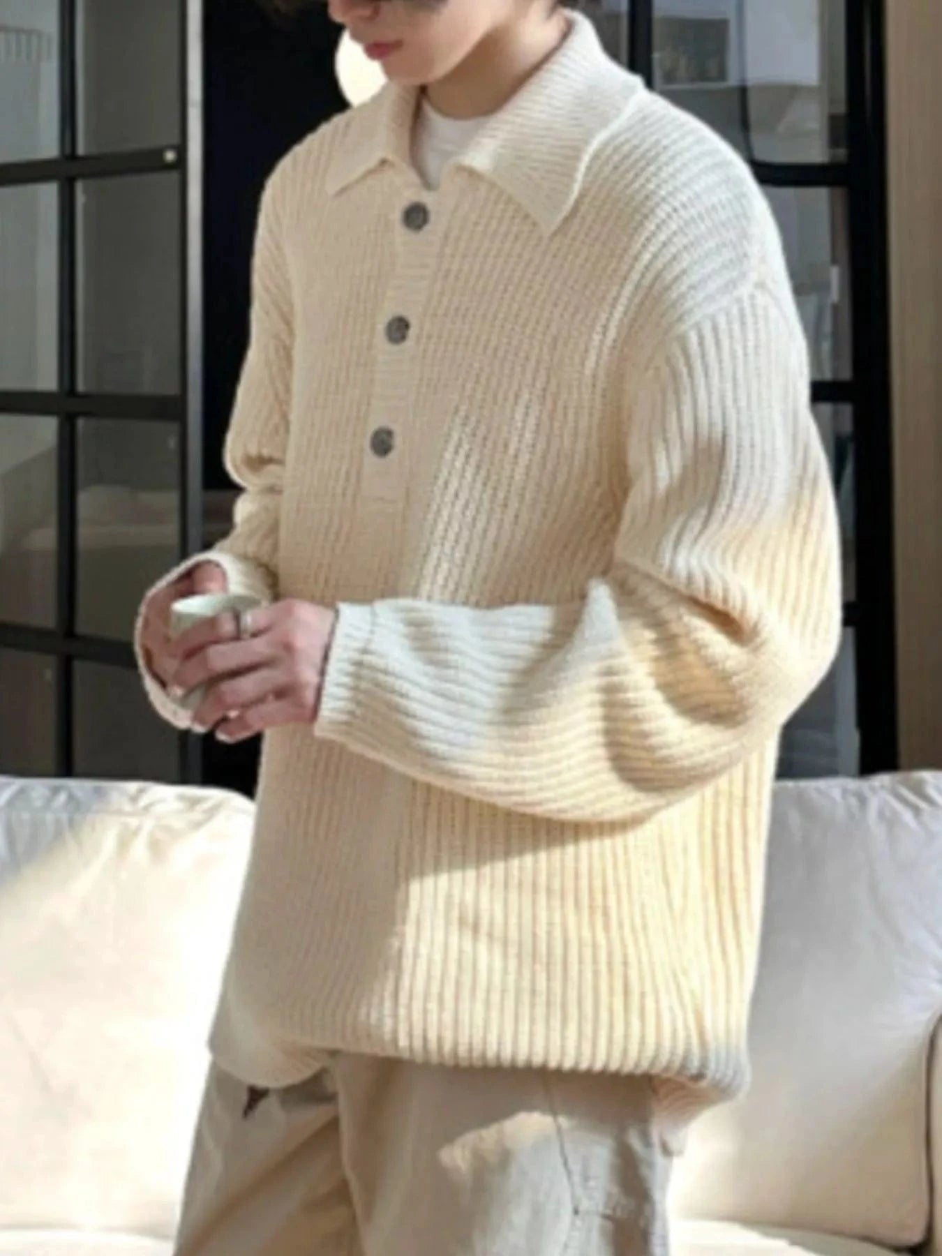 Men's Button Detail Long Sleeve Sweater Apricot - Fashorio