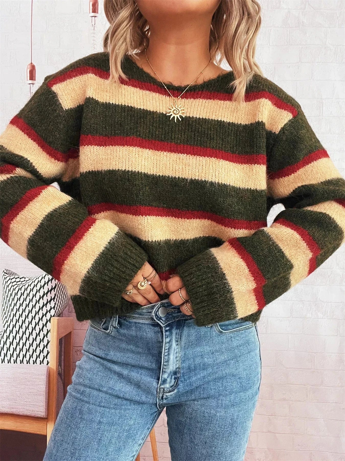 Striped Round Neck Long Sleeve Sweater Army Green One Size - Fashorio