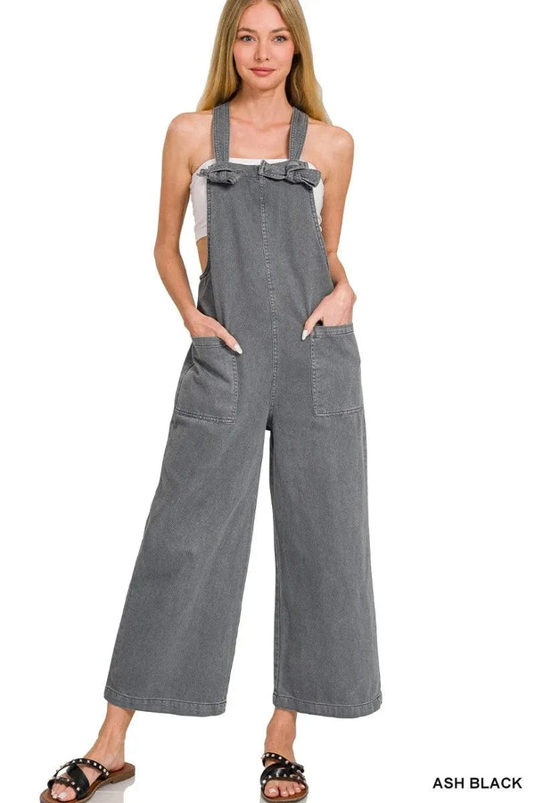 Zenana Washed Knot Strap Pockets Jumpsuit ASH BLACK - Fashorio