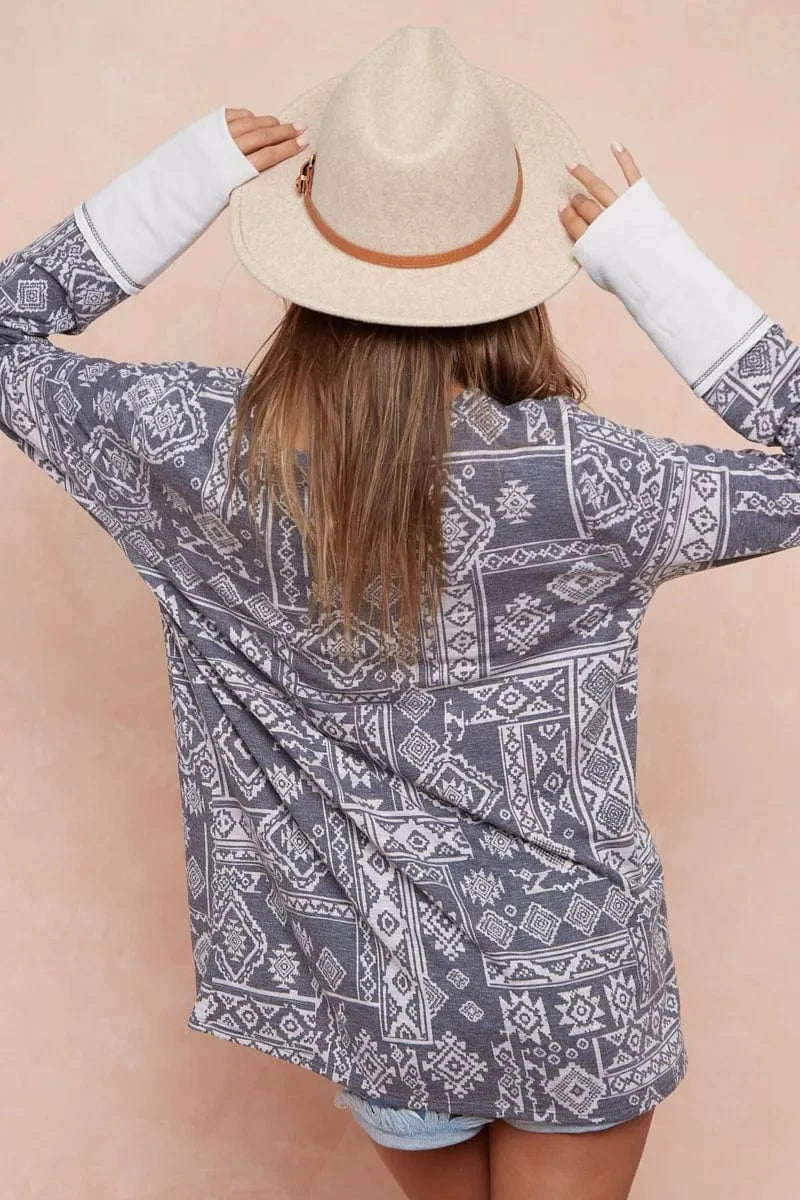 BiBi Aztec Print French Terry Top with Thumb Opening - Fashorio