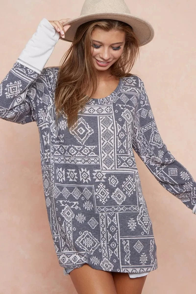 BiBi Aztec Print French Terry Top with Thumb Opening - Fashorio