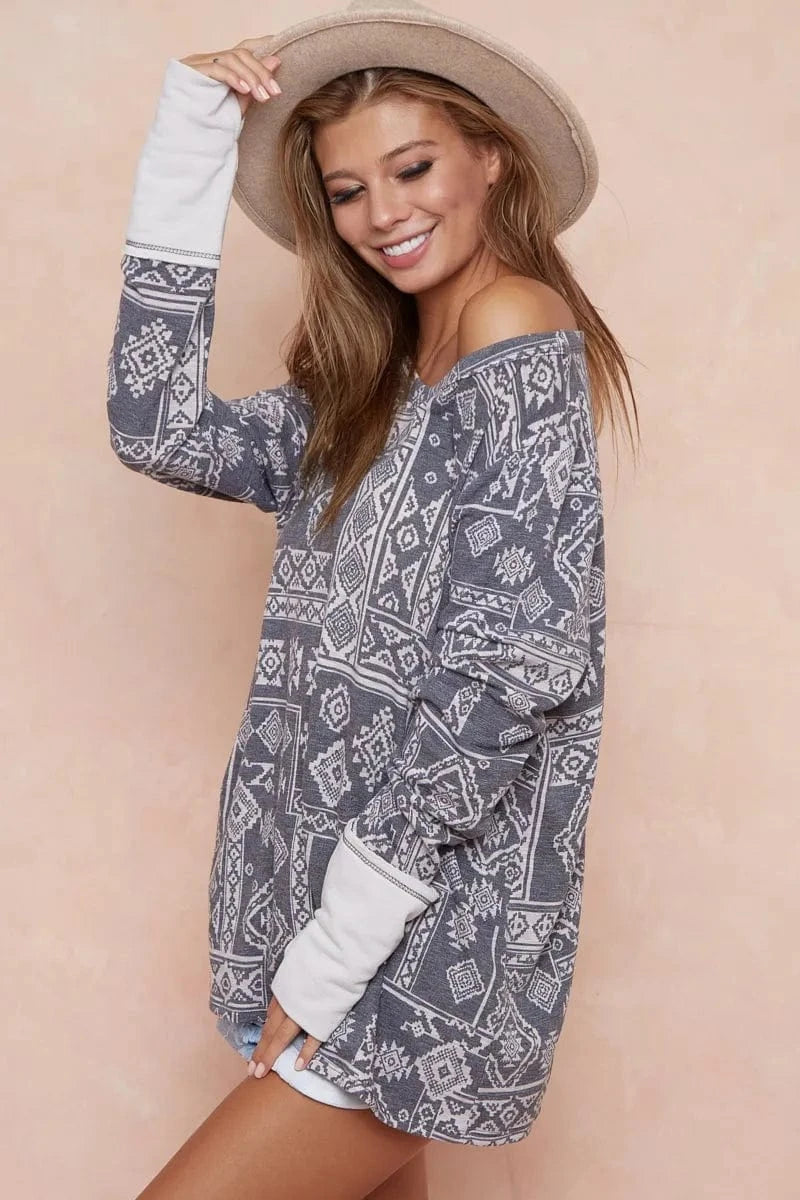 BiBi Aztec Print French Terry Top with Thumb Opening - Fashorio