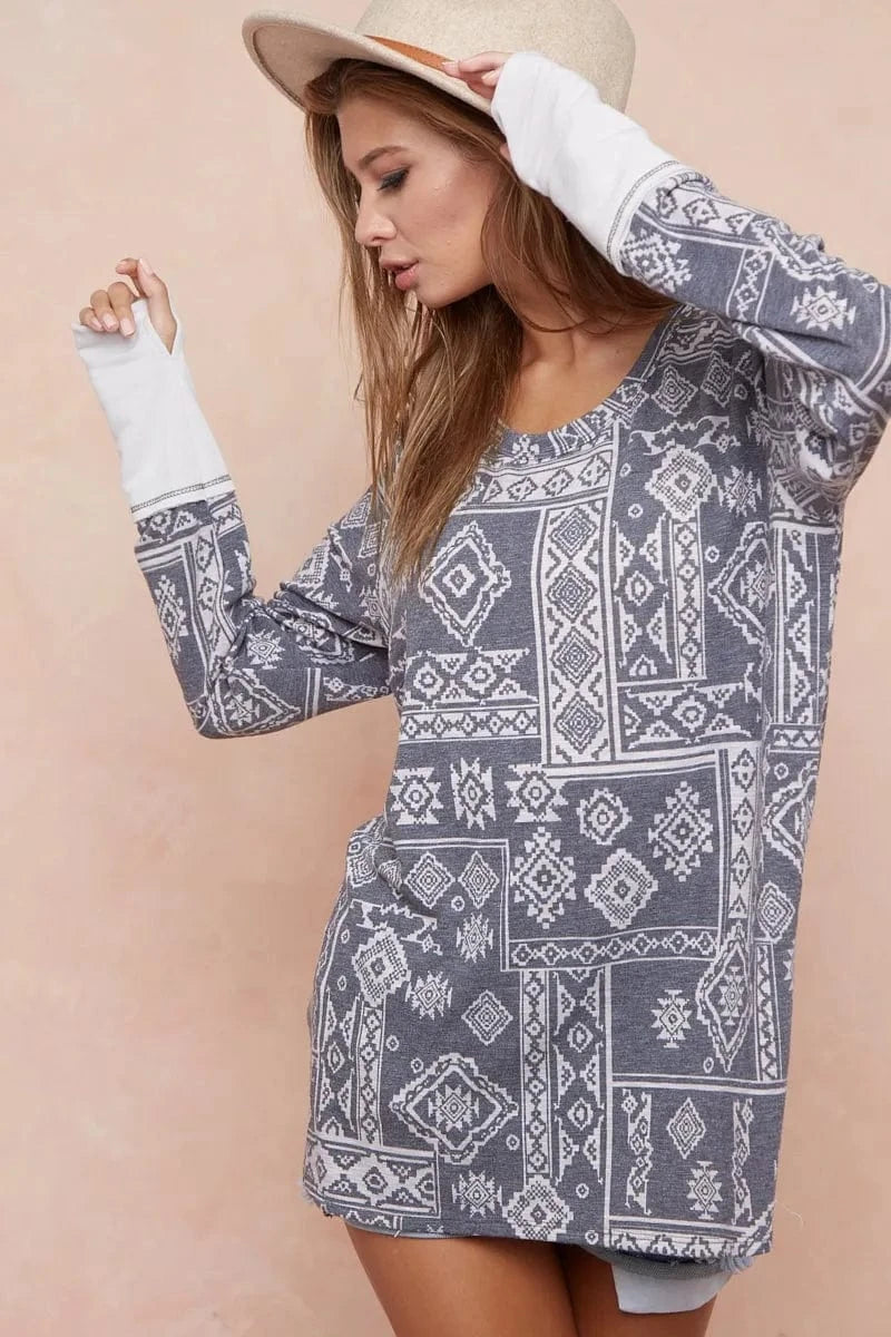 BiBi Aztec Print French Terry Top with Thumb Opening - Fashorio
