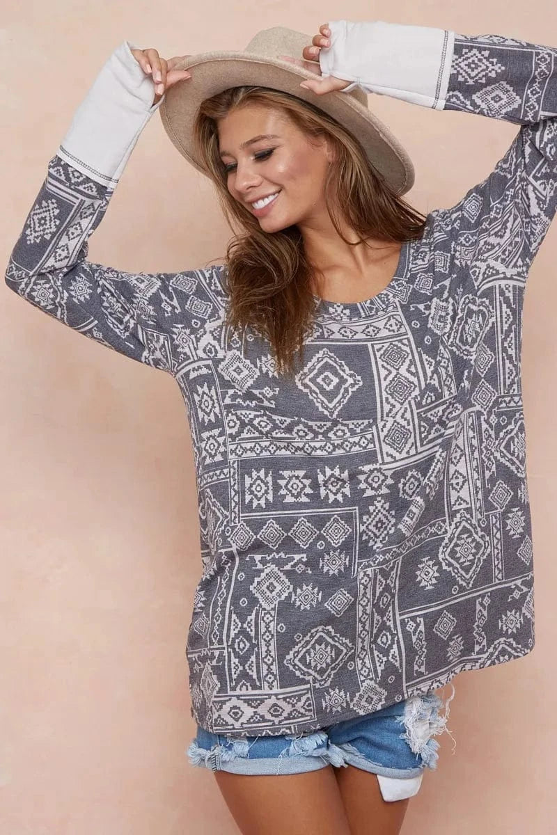 BiBi Aztec Print French Terry Top with Thumb Opening - Fashorio