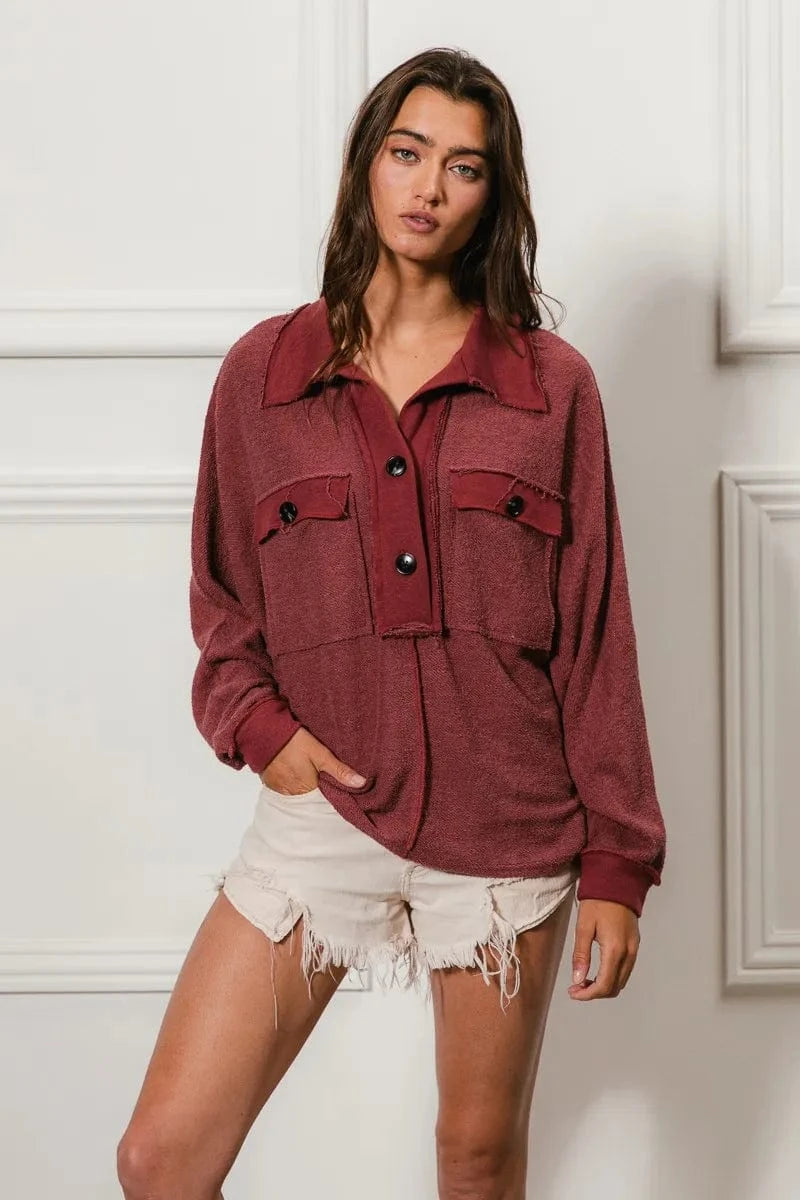 BiBi Cp French Terry Cut Edge Detail Collared Top - Fashorio