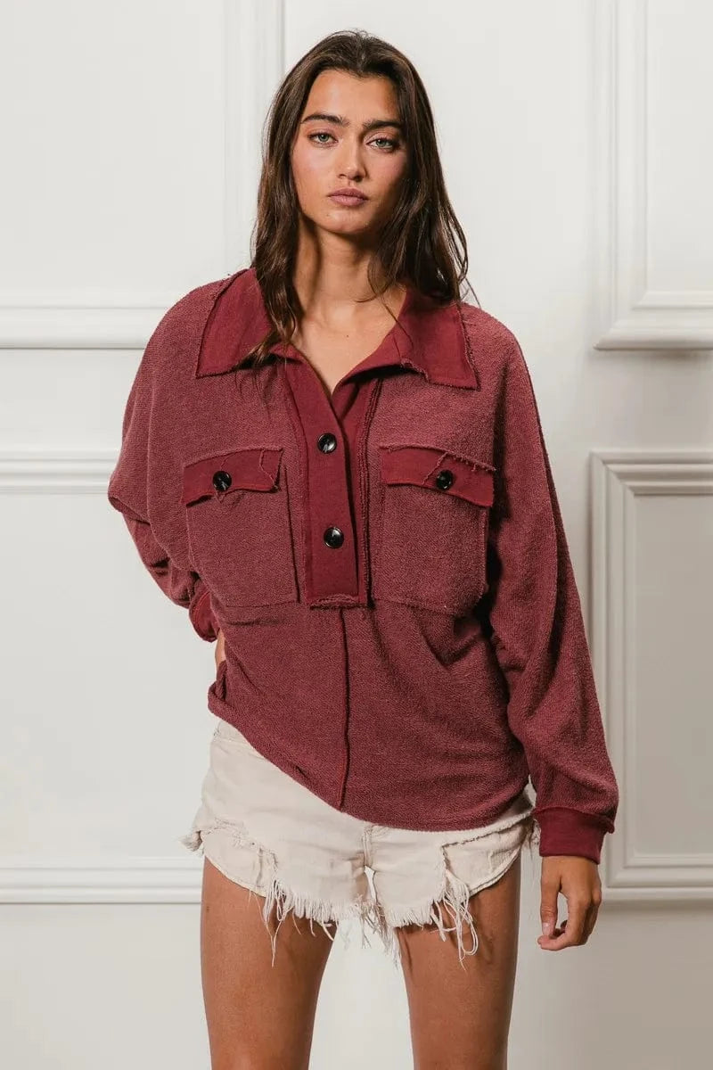 BiBi Cp French Terry Cut Edge Detail Collared Top - Fashorio