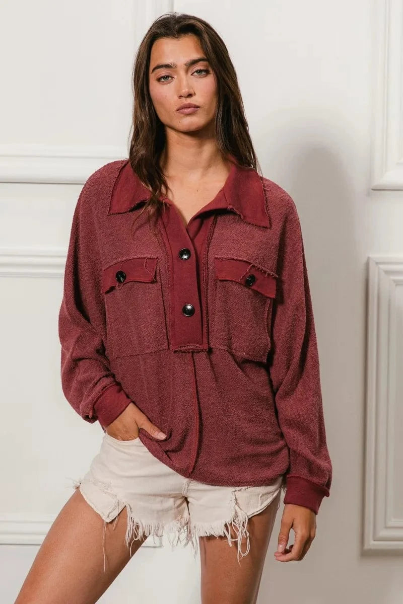 BiBi Cp French Terry Cut Edge Detail Collared Top - Fashorio
