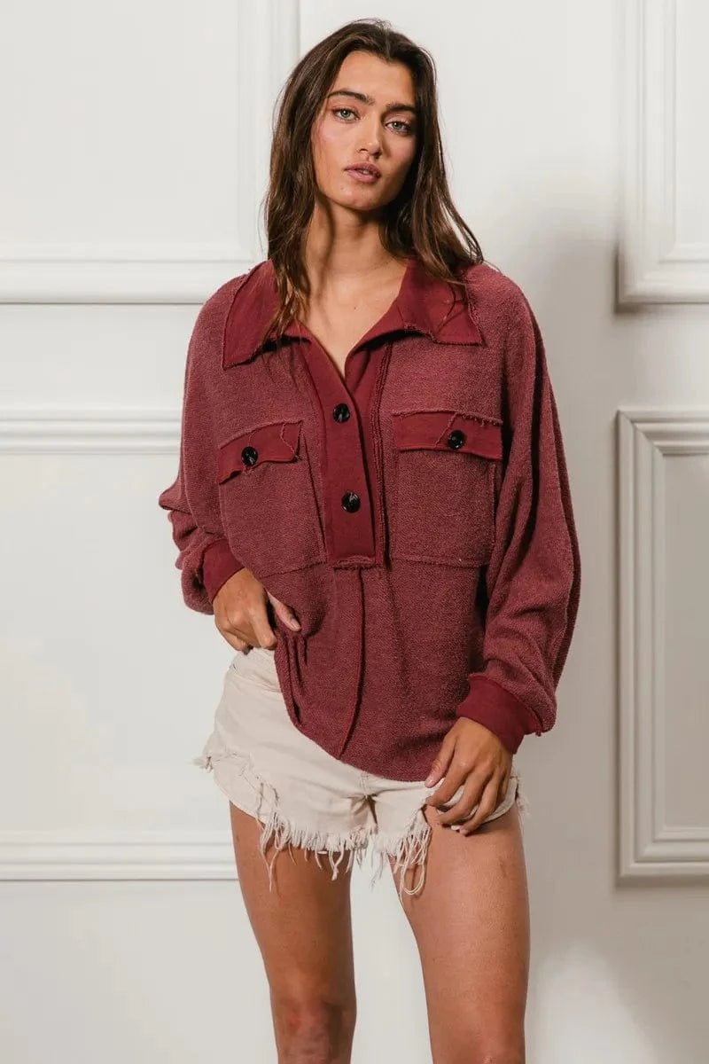 BiBi Cp French Terry Cut Edge Detail Collared Top - Fashorio