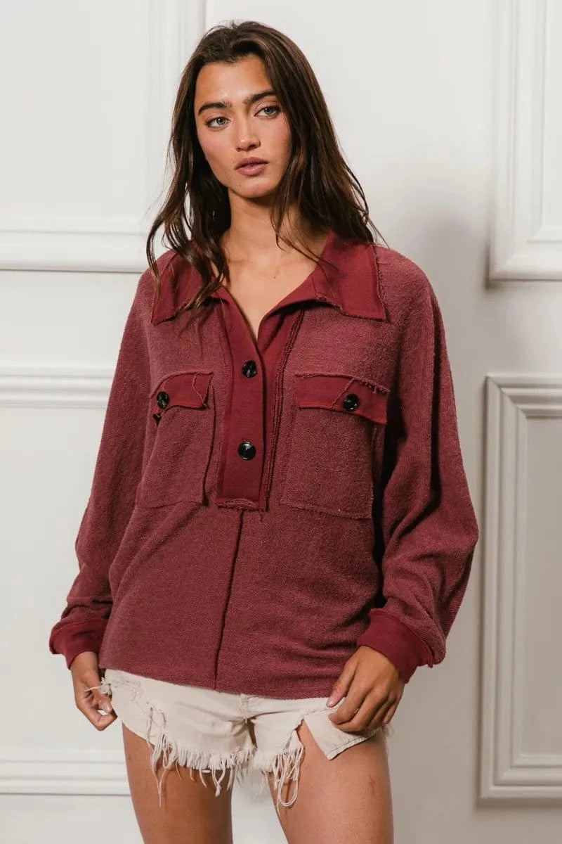 BiBi Cp French Terry Cut Edge Detail Collared Top - Fashorio