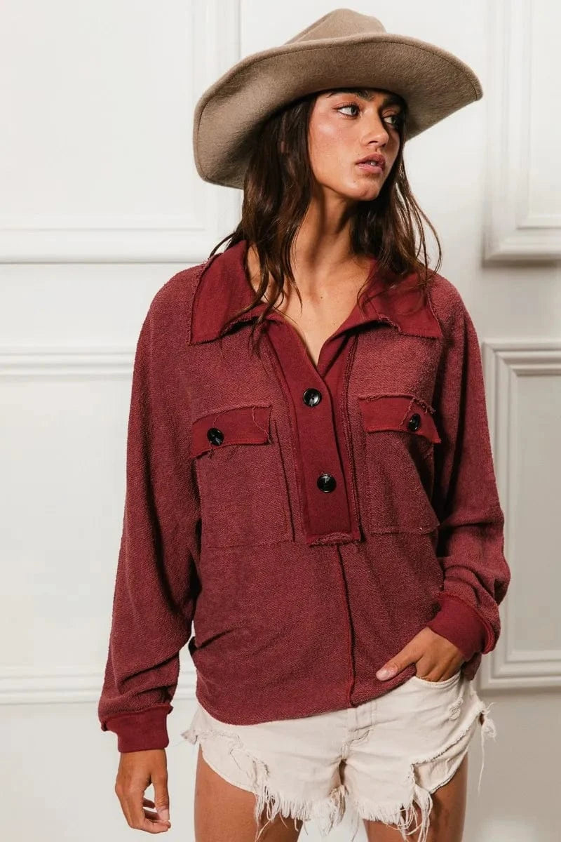 BiBi Cp French Terry Cut Edge Detail Collared Top - Fashorio