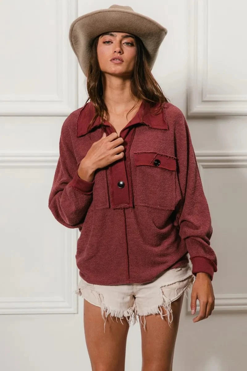 BiBi Cp French Terry Cut Edge Detail Collared Top - Fashorio