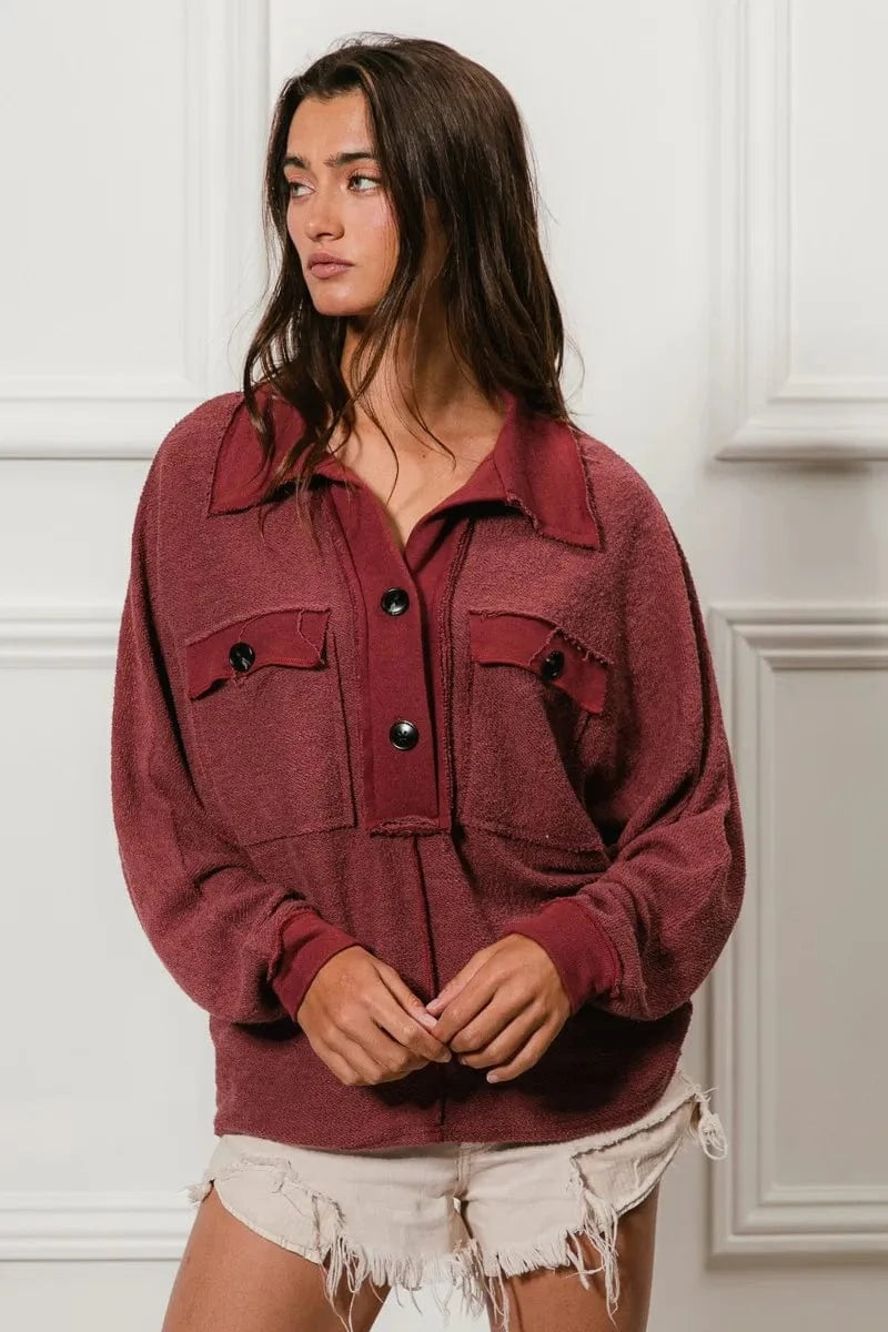 BiBi Cp French Terry Cut Edge Detail Collared Top - Fashorio
